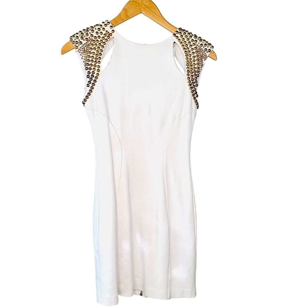 BEBE Addiction White Bodycon Mini with Gold Studded Shoulders XS